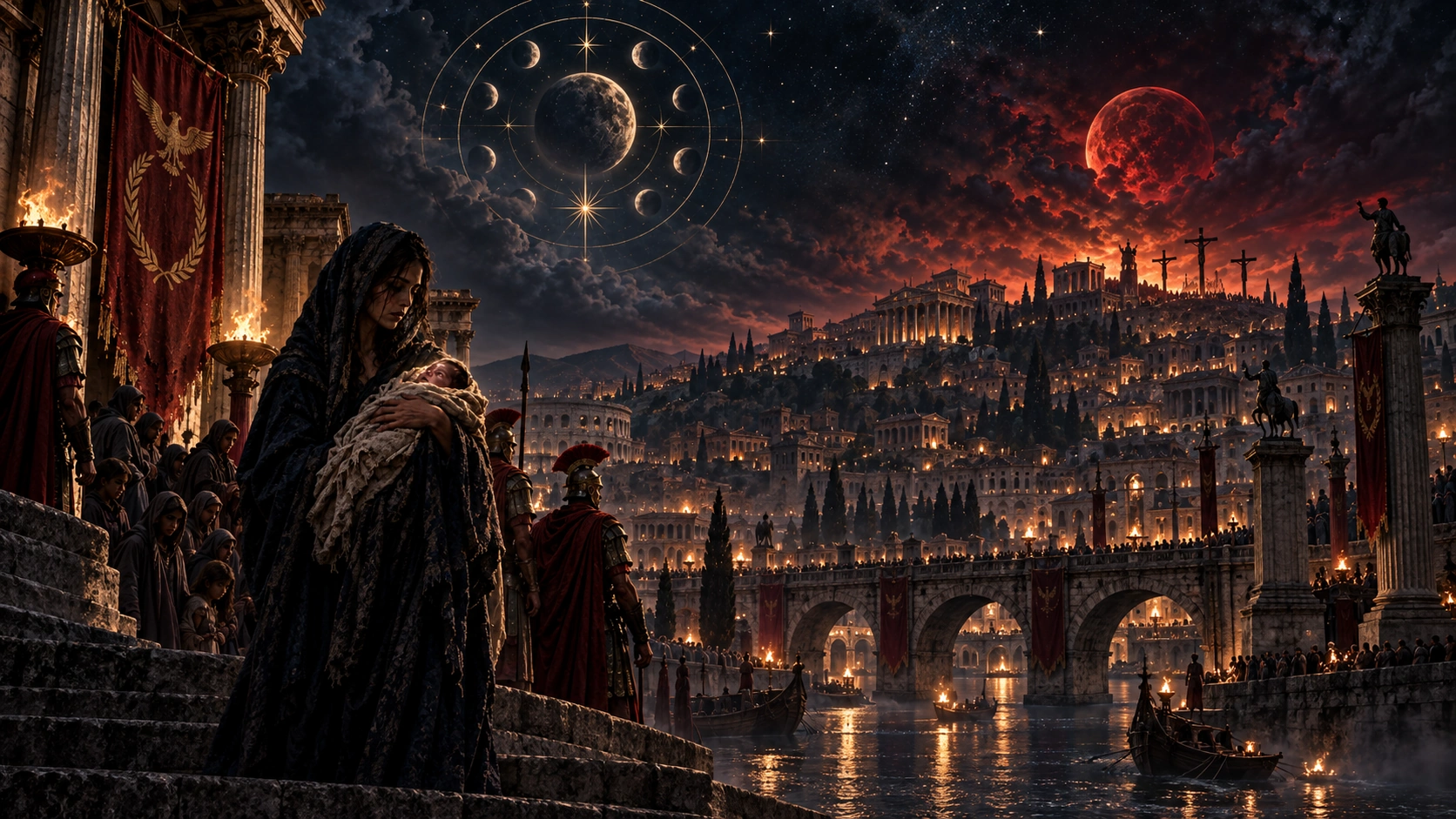 A torchlit procession crosses a monumental Aurelian city beneath temples and civic banners.